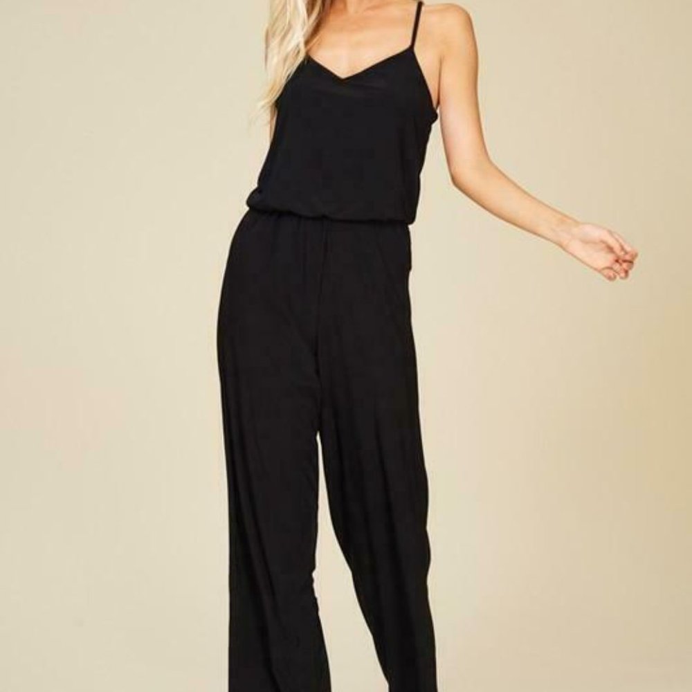 Women's Black Elastic Waist Jumpsuit - with Pocket - Picture 2 of 7